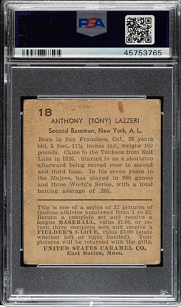 1932 R328 U. S. Caramel #18 Tony Lazzeri PSA FAIR 1.5