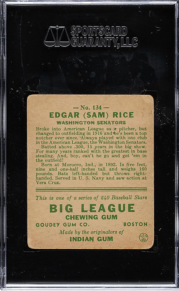 1933 R319 Goudey #134 Sam Rice SGC POOR 10