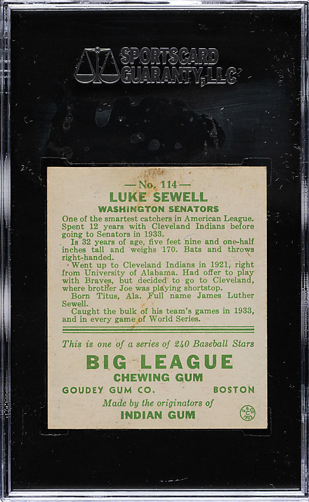 1933 R319 Goudey #114 Luke Sewell SGC Authentic