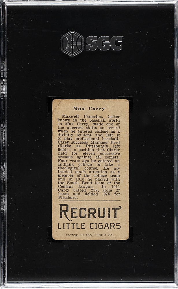1912 T207 Brown Background Max Carey SGC POOR 1