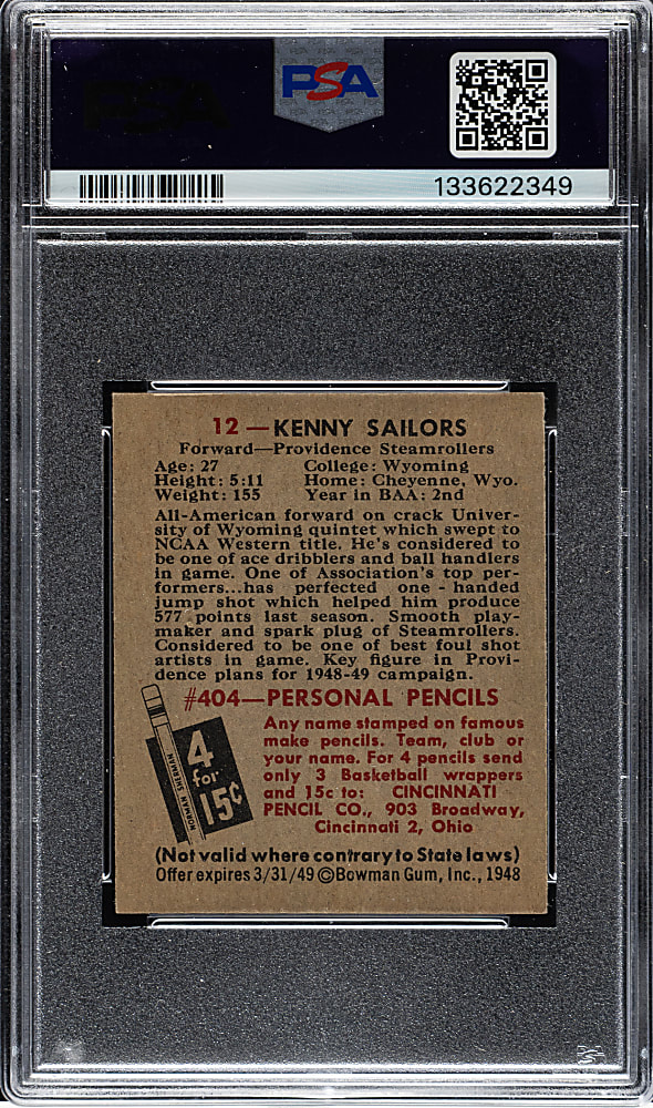 1948 Bowman Basketball #12 Kenny Sailors PSA NM 7