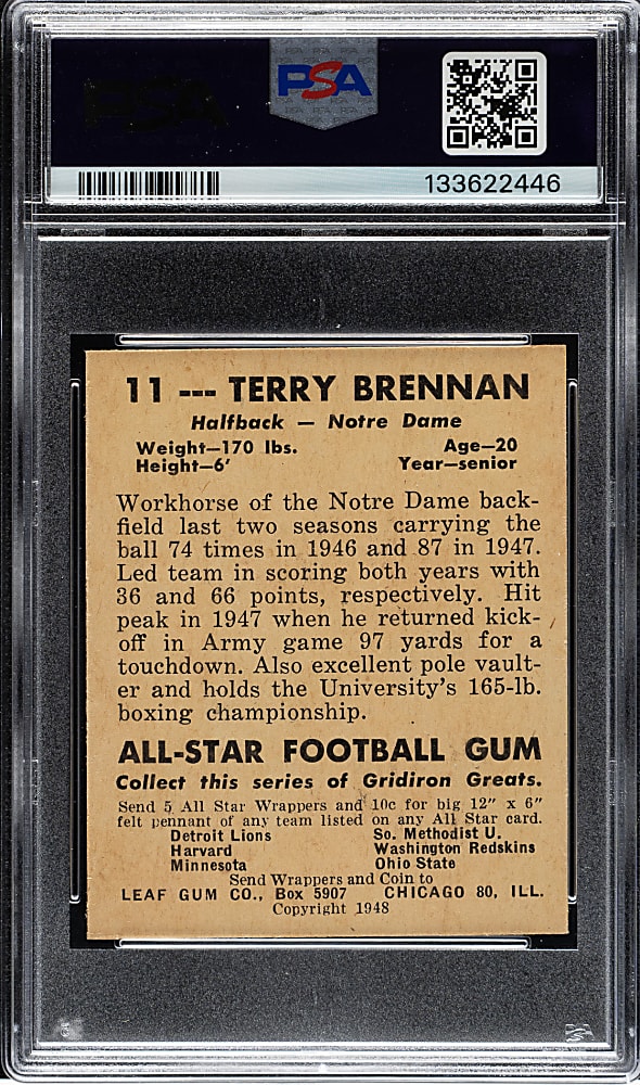 1948 Leaf Football #11 Terry Brennan Bright Yellow Pants PSA NM-MT 8 - 1 of 2 - Highest Graded!