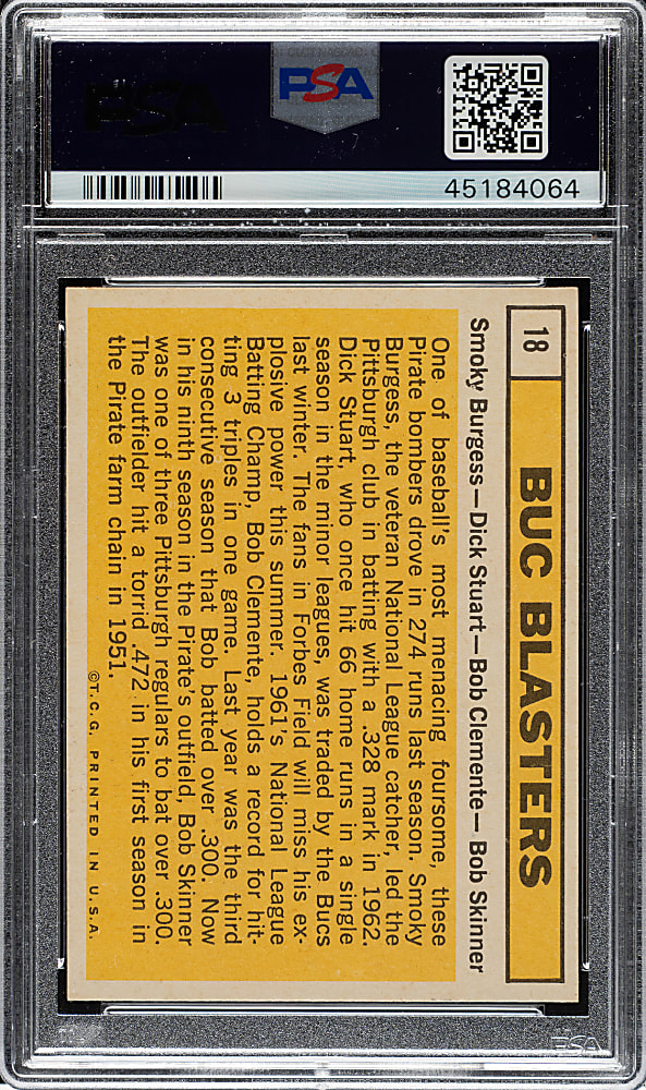 1963 Topps #18 Buc Blasters with Roberto Clemente PSA NM 7