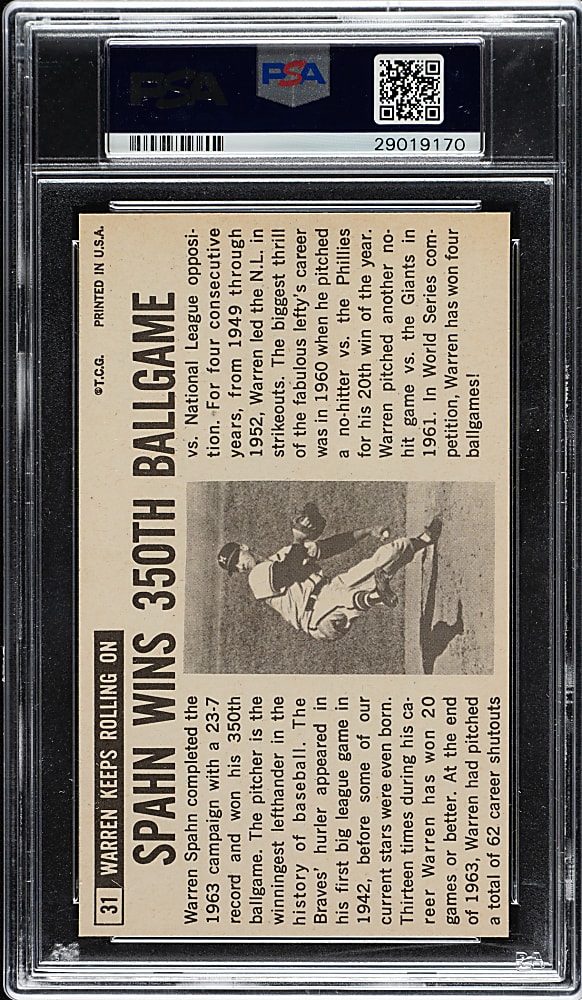 1964 Topps Giants #31 Warren Spahn PSA MINT 9