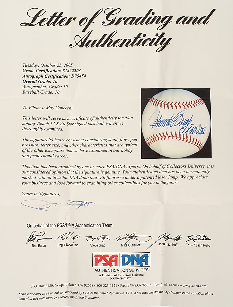 Johnny Bench Single-Signed Baseball with "14x All Star" Inscription PSA/DNA GEM MINT 10