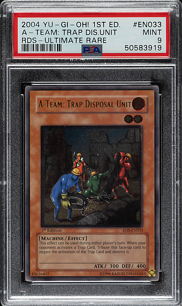 2004 Yu-Gi-Oh! Rise of Destiny 1st Edition #EN033 A Team: Trap Disposal Unit Ultimate Rare PSA MINT 9