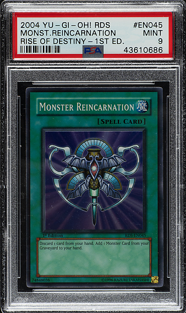 2004 Yu-Gi-Oh! Rise of Destiny 1st Edition #EN045 Monster Reincarnation Super Rare PSA MINT 9