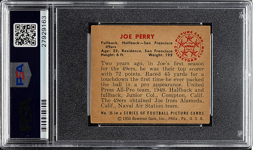 1950 Bowman Football #35 Joe Perry Rookie PSA VG 3