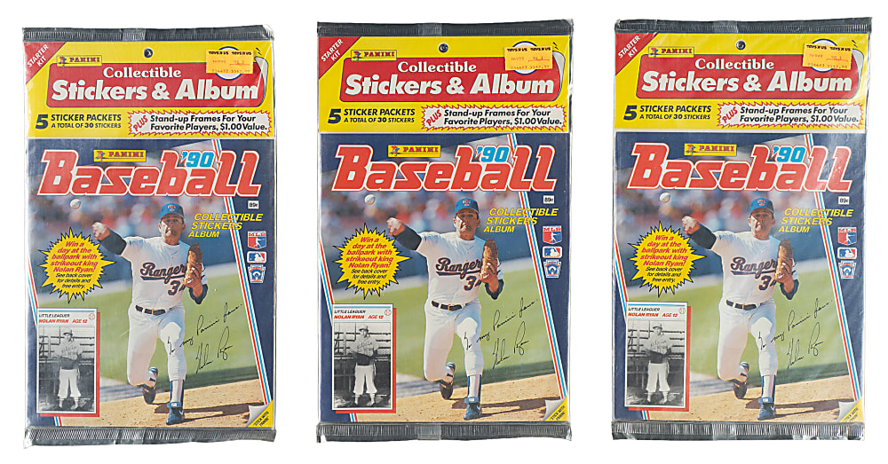 Trio of 1990 Panini Sticker Albums In Original Sealed Display Featuring Nolan Ryan Plus Five Unopened Sticker Packs (3 Albums, 15 Packs)