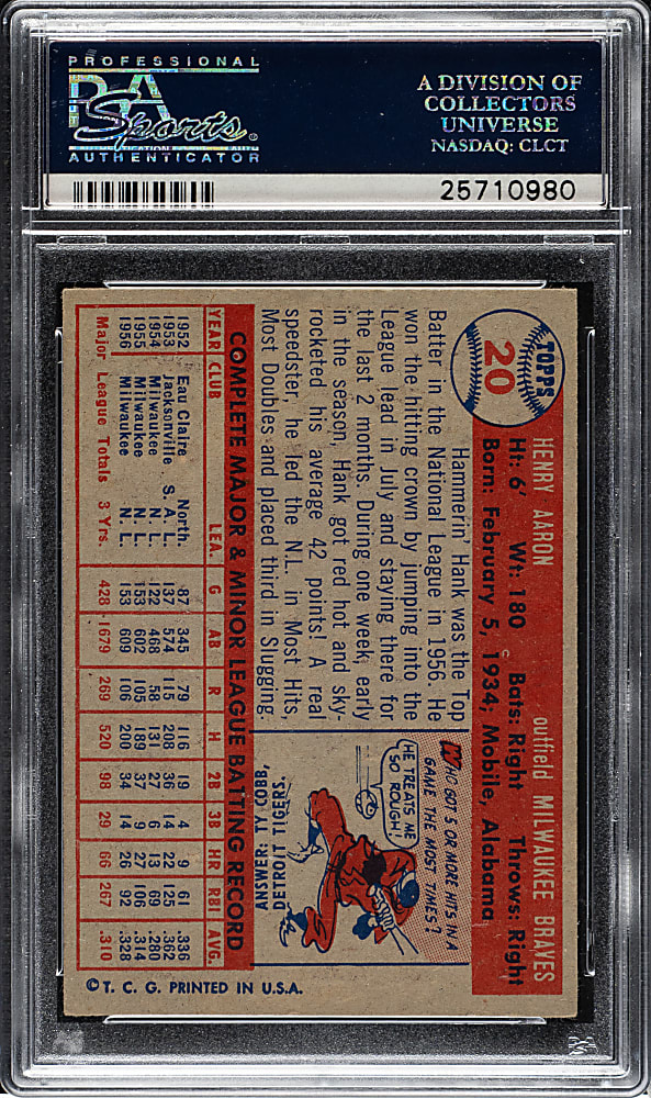 1957 Topps #20 Hank Aaron PSA EX-MT 6