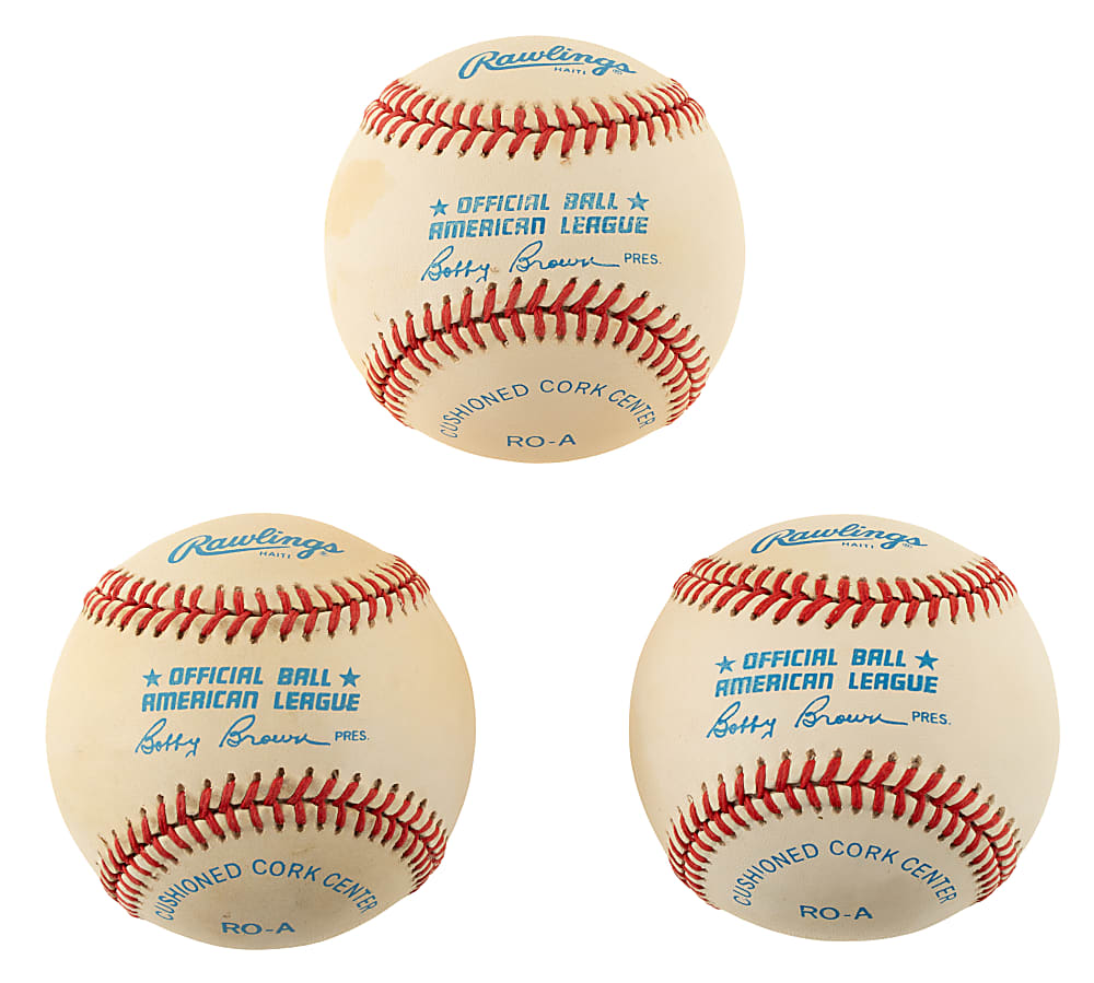Trio of 1984-1993 Official American League (Bobby Brown) Baseballs in Original Boxes