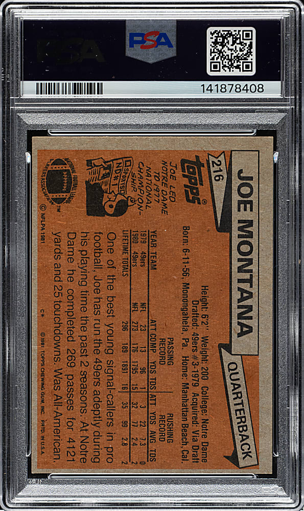 1981 Topps Football #216 Joe Montana Rookie PSA EX-MT 6