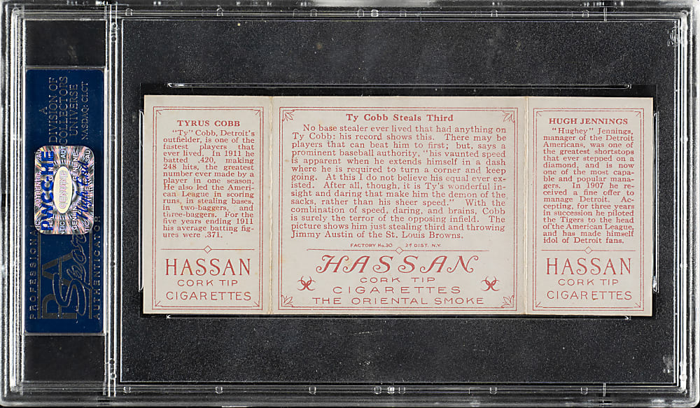 1912 T202 Hassan Triple Folder "Ty Cobb Steals Third" Ty Cobb/Hughie Jennings PSA EX 5