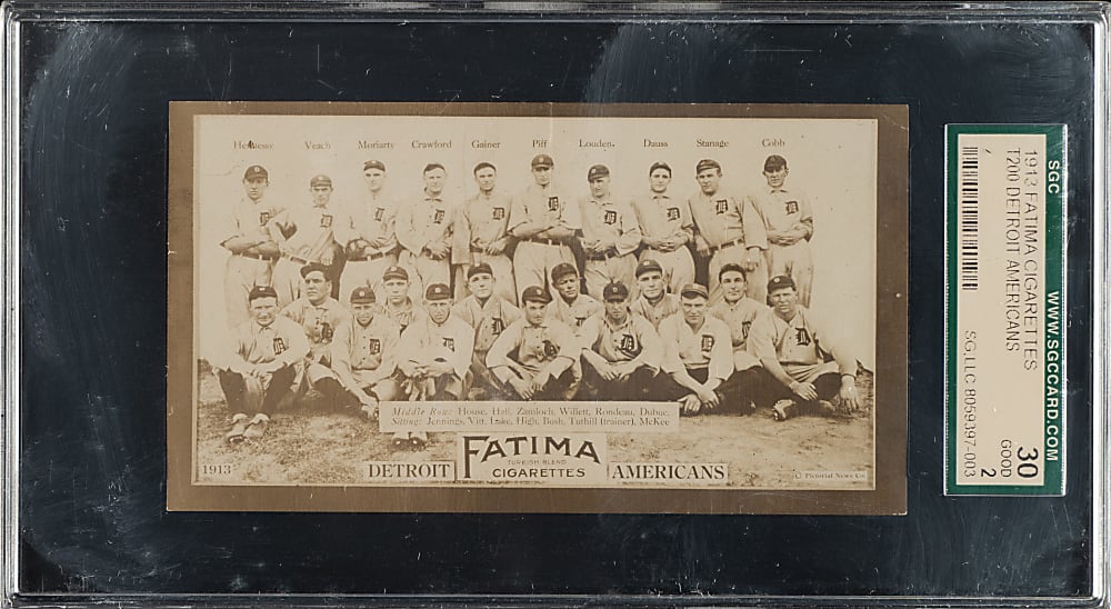 1913 T200 Fatima Team Card Detroit Americans with Ty Cobb, Sam Crawford, and Hughie Jennings SGC GOOD 30