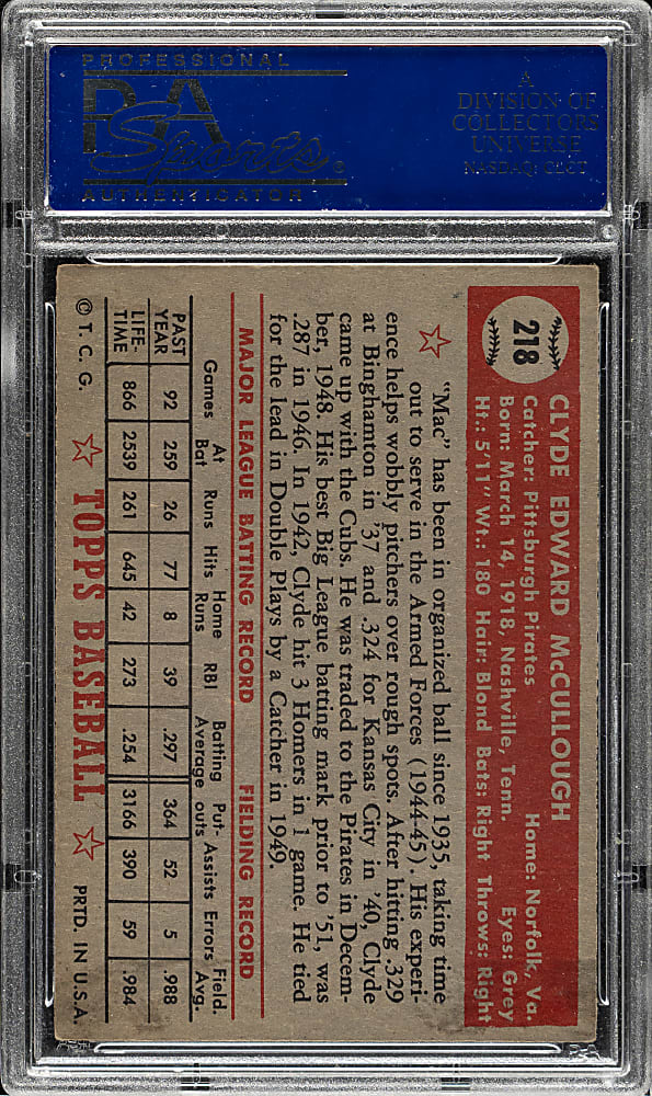 1952 Topps #218 Clyde McCullough PSA EX 5