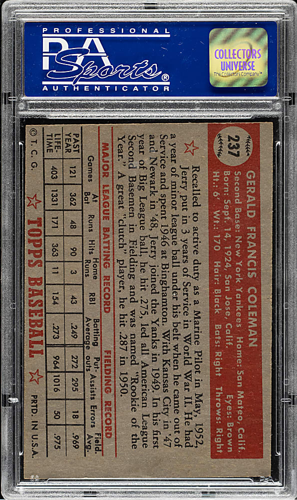 1952 Topps #237 Jerry Coleman PSA NM 7 (OC)