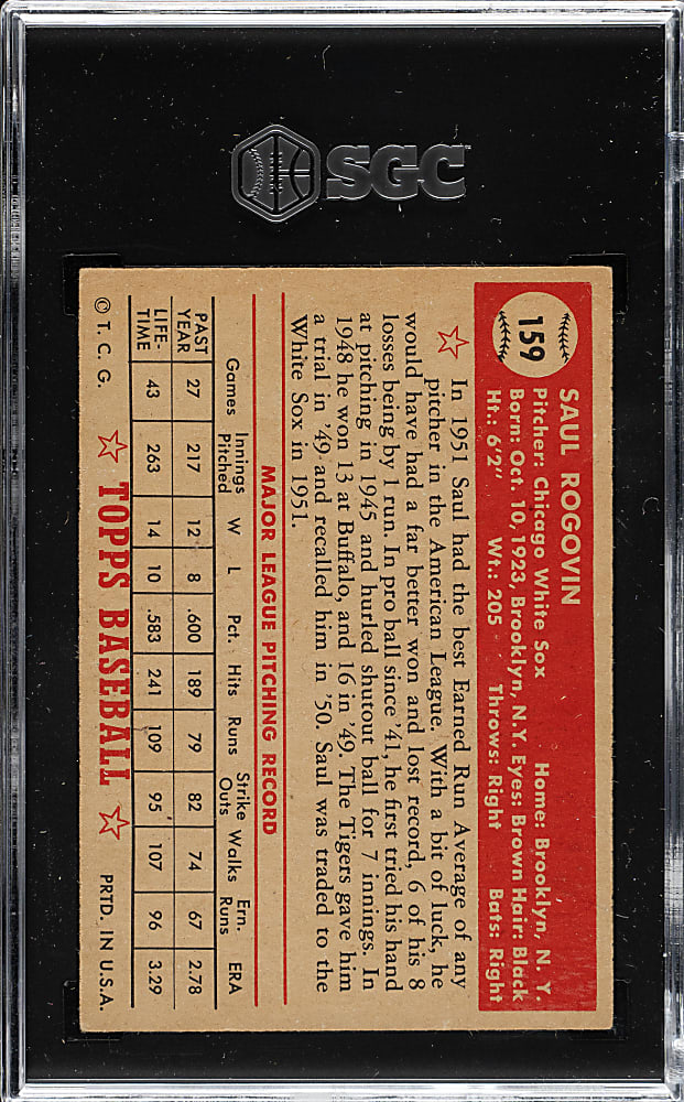1952 Topps #159 Saul Rogovin SGC EX 5
