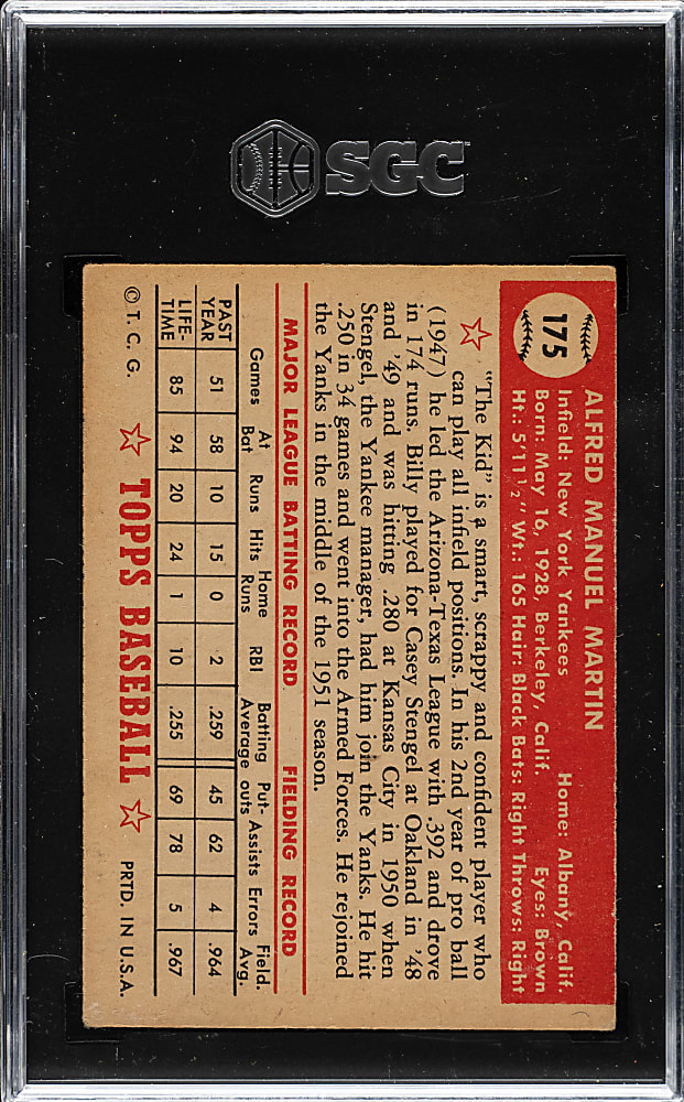 1952 Topps #175 Billy Martin Rookie SGC VG/EX 4