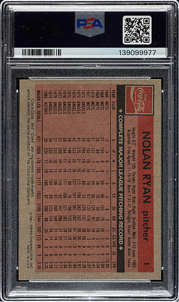 1981 Topps Coca-Cola #1 Nolan Ryan PSA MINT 9