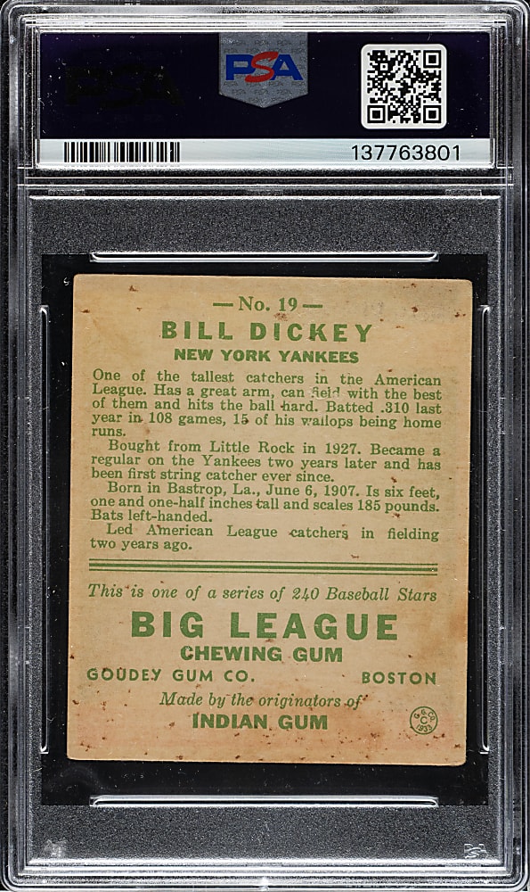 Signed 1933 R319 Goudey #19 Bill Dickey PSA/DNA NM 7