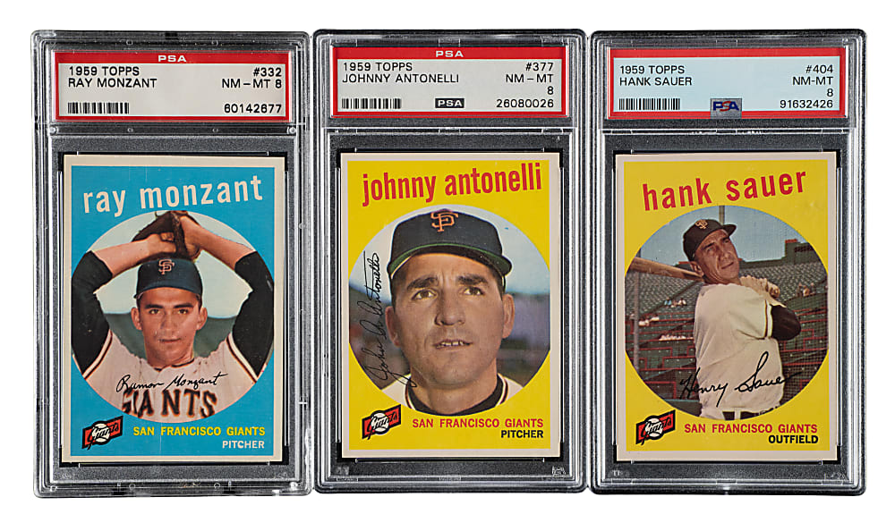 1959 Topps PSA NM-MT 8 Trio: Ray Monzant, Johnny Antonelli, and Hank Sauer