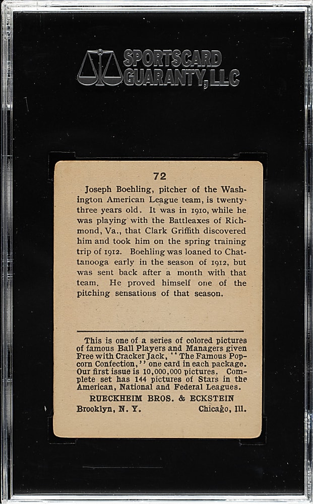 1914 E145 Cracker Jack #72 Joe Boehling SGC VG/EX+ 55