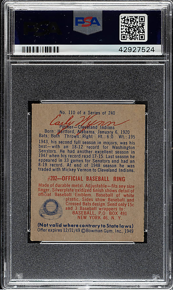 1949 Bowman #110 Early Wynn Rookie PSA EX 5