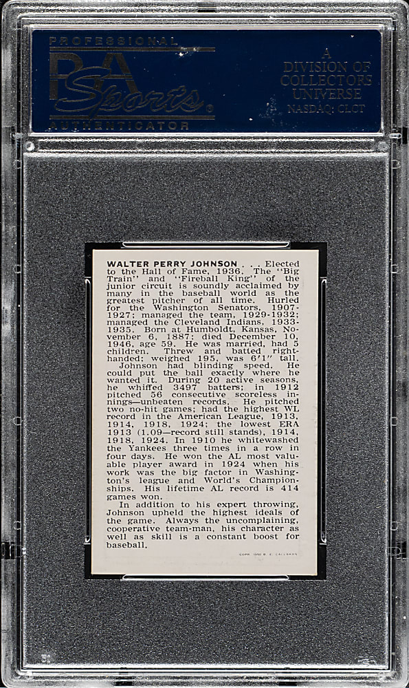 1950-1956 Callahan Hall of Fame Walter Johnson PSA NM-MT 8