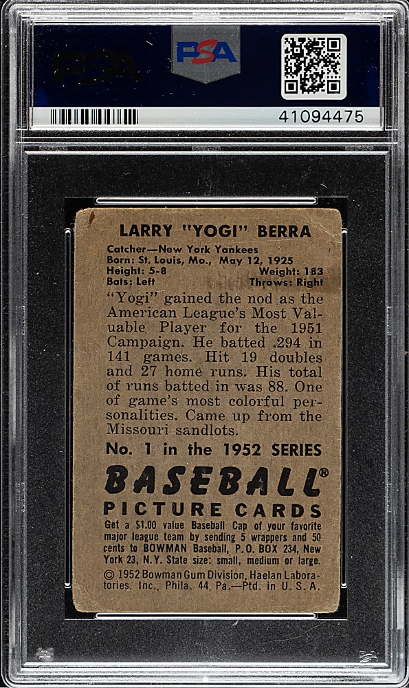1952 Bowman #1 Yogi Berra PSA FAIR 1.5