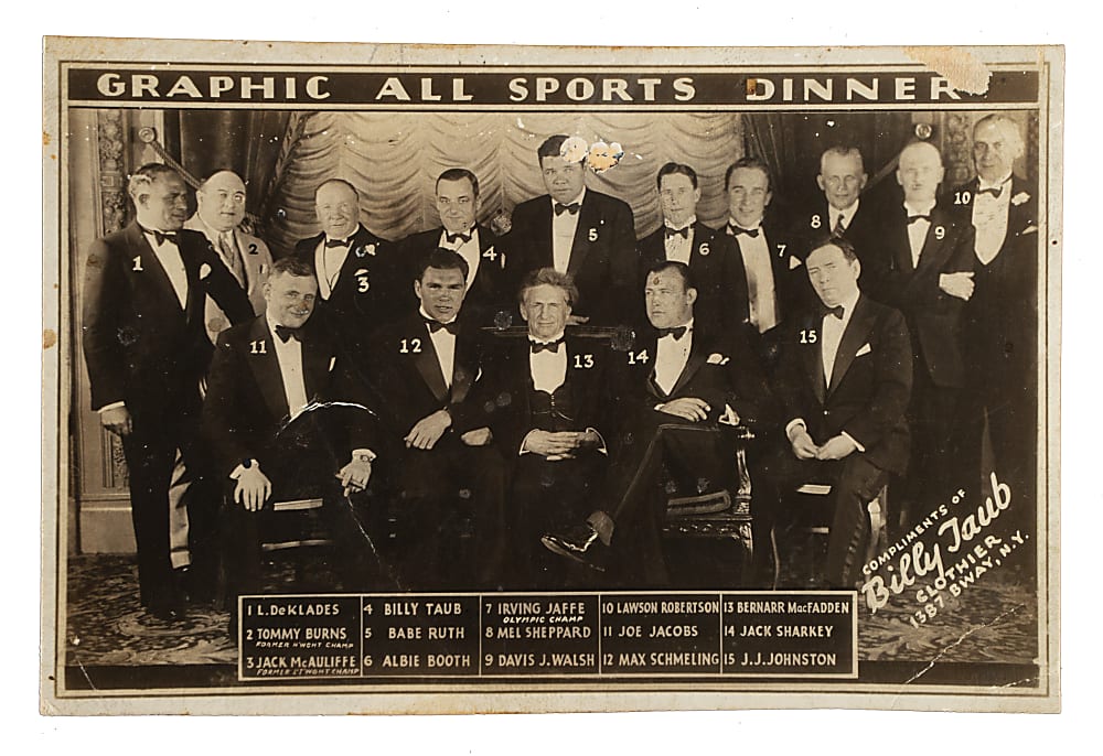 1932 Billy Taub World's Heavyweight Championship Graphic All Sports Dinner Postcard with Babe Ruth, Max Schmeling, and Jack Sharkey
