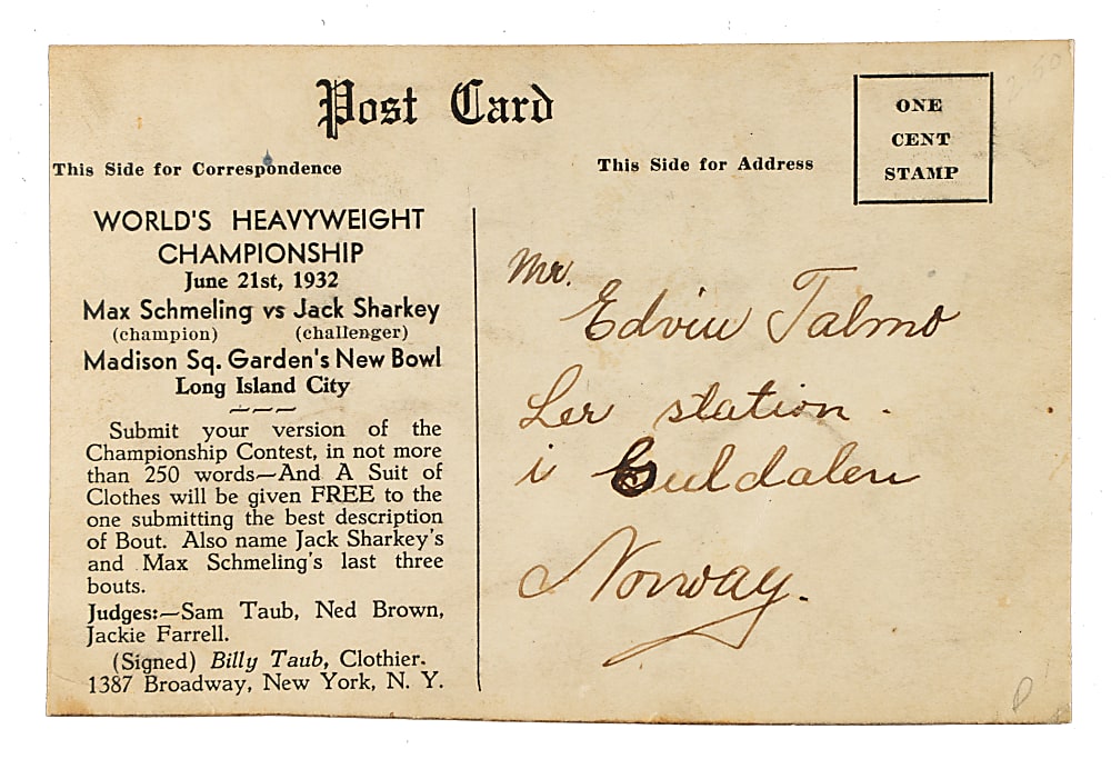 1932 Billy Taub World's Heavyweight Championship Graphic All Sports Dinner Postcard with Babe Ruth, Max Schmeling, and Jack Sharkey
