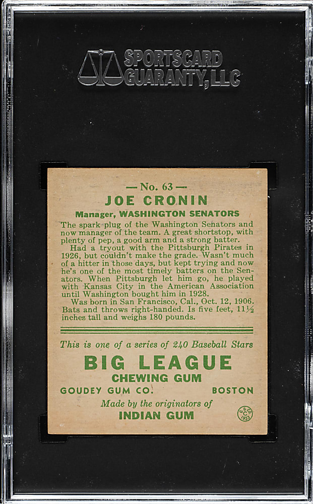 1933 R319 Goudey #63 Joe Cronin SGC NM 7