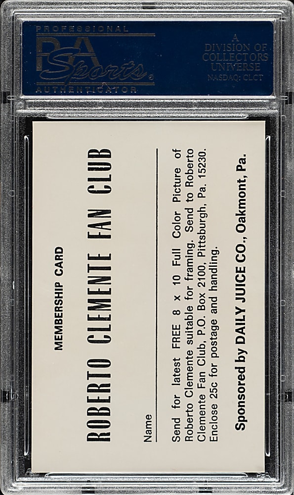 1972 Daily Juice CO. Roberto Clemente Membership Card PSA MINT 9