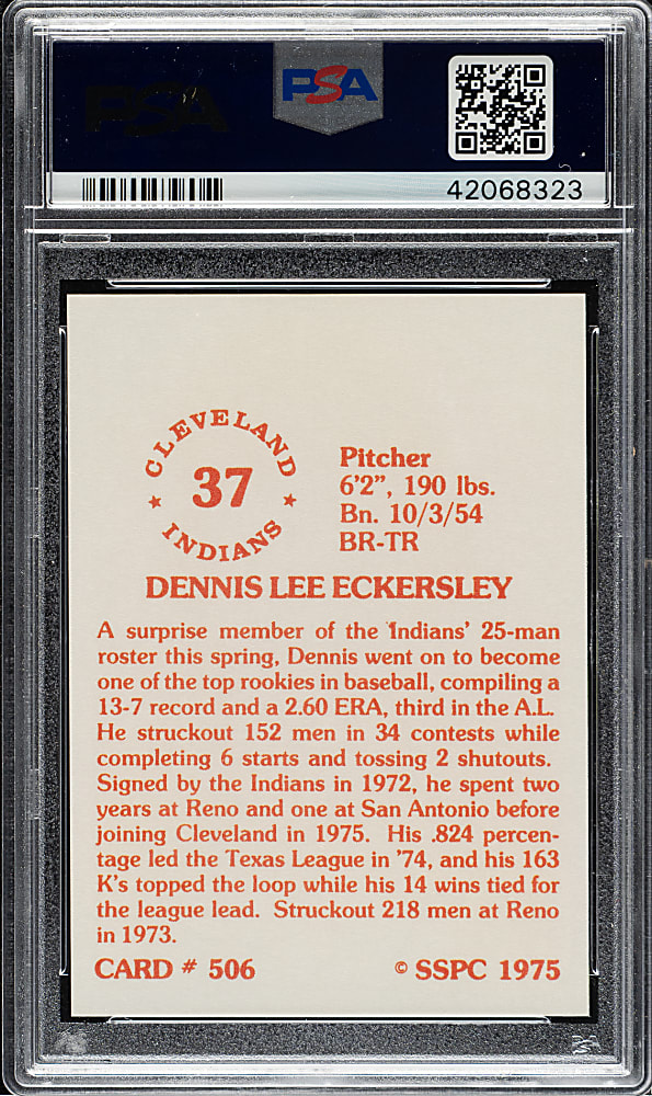 1975 SSPC #506 Dennis Eckersley PSA GEM MINT 10