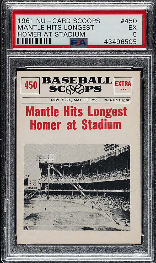 1961 Nu-Card Scoops #450 Mickey Mantle Hits Longest Homer at Stadium PSA EX 5