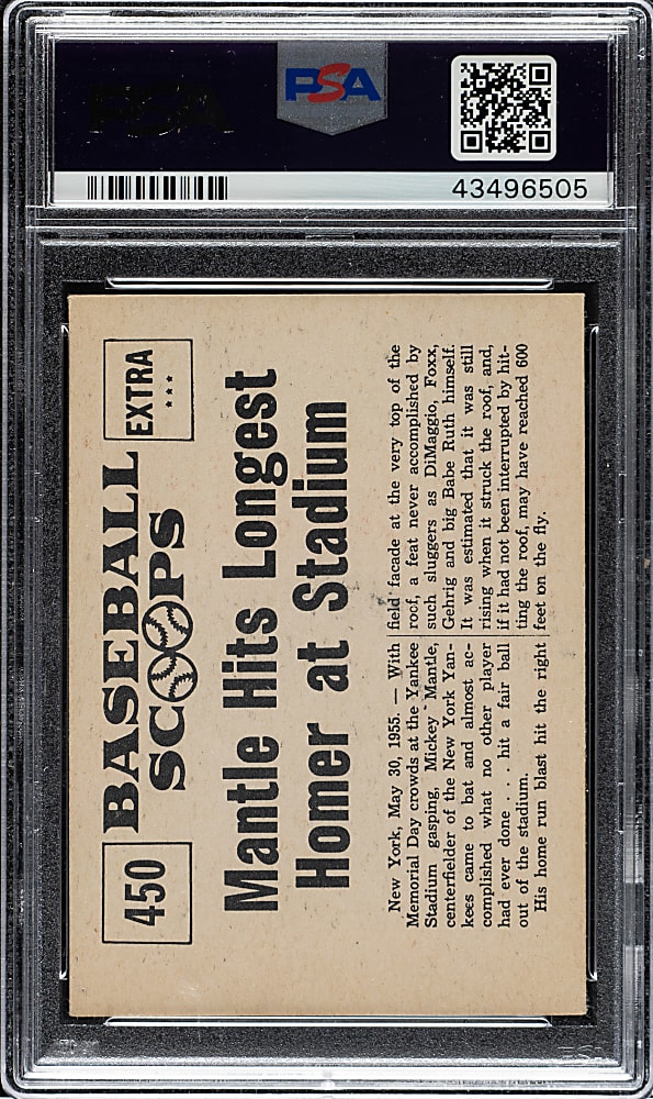 1961 Nu-Card Scoops #450 Mickey Mantle Hits Longest Homer at Stadium PSA EX 5