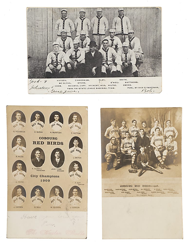 1906 to 1908 Cobourg Red Wings Team and York Tri-State League Team Postcard Trio with Jack Hayden
