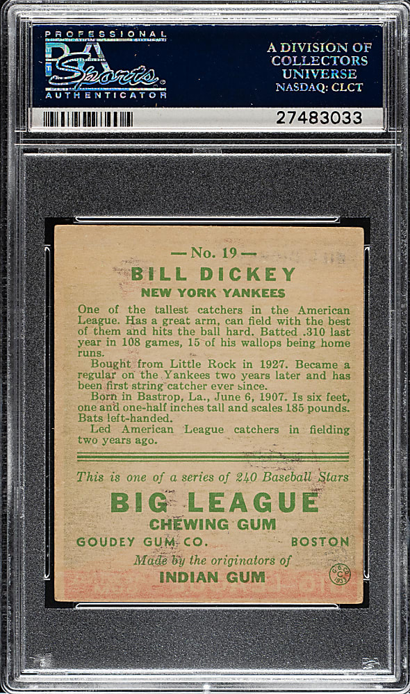 1933 R319 Goudey #19 Bill Dickey PSA VG-EX 4