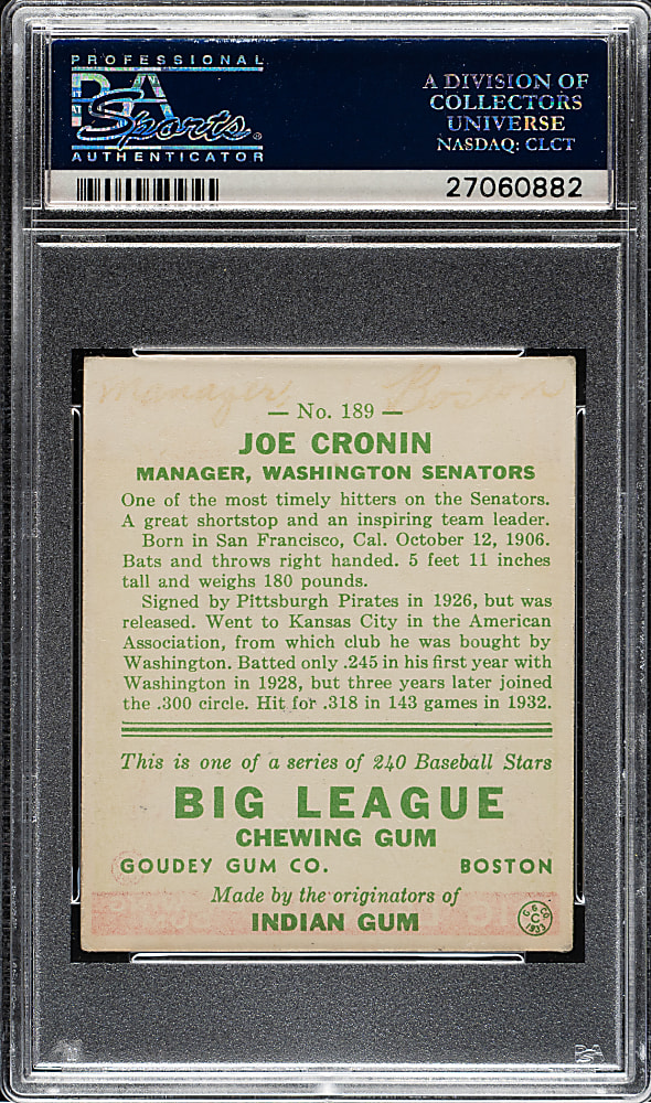 1933 R319 Goudey #189 Joe Cronin PSA VG-EX 4