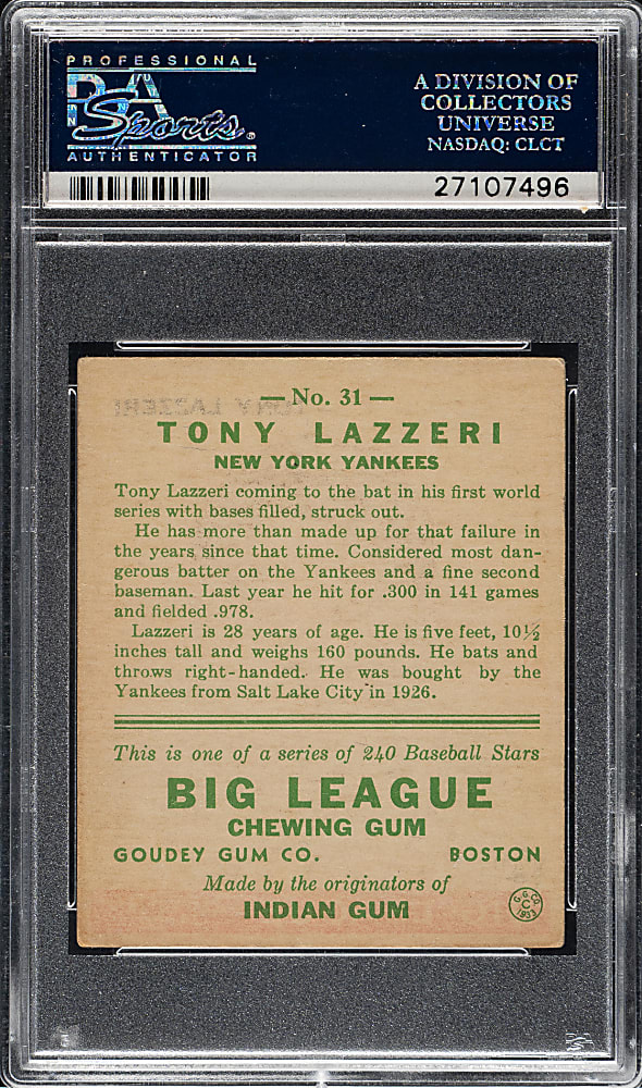 1933 R319 Goudey #31 Tony Lazzeri PSA VG-EX 4