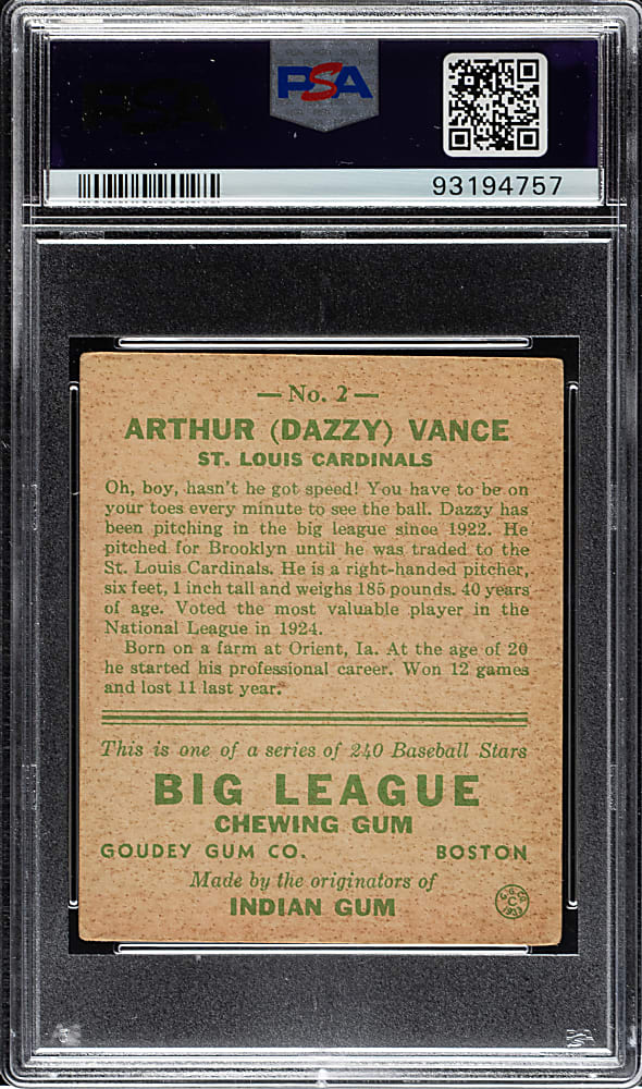 1933 R319 Goudey #2 Dazzy Vance PSA VG 3