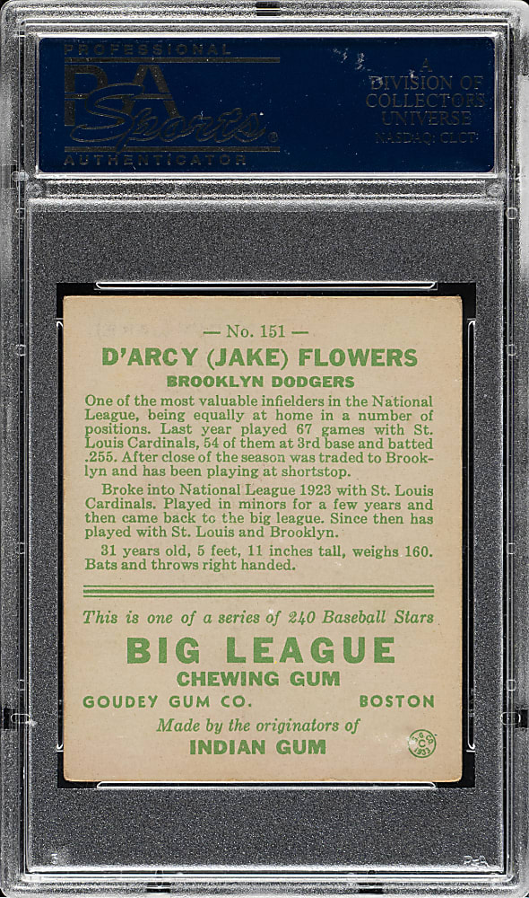 1933 R319 Goudey #151 Jake Flowers PSA VG 3