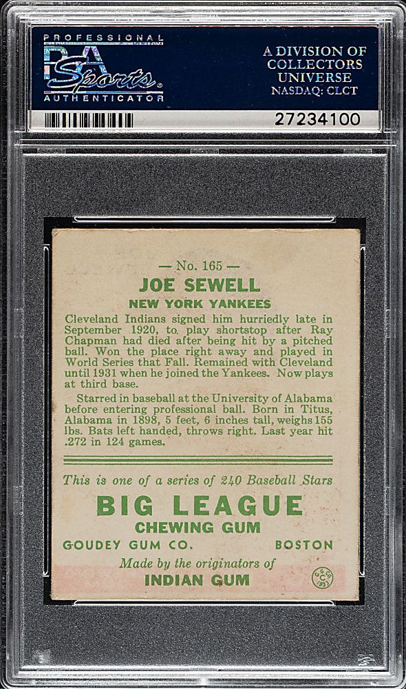 1933 R319 Goudey #165 Joe Sewell PSA VG-EX 4