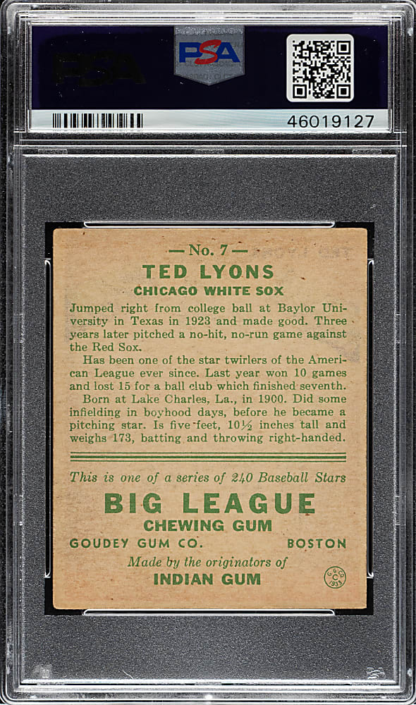 1933 R319 Goudey #7 Ted Lyons PSA VG-EX 4