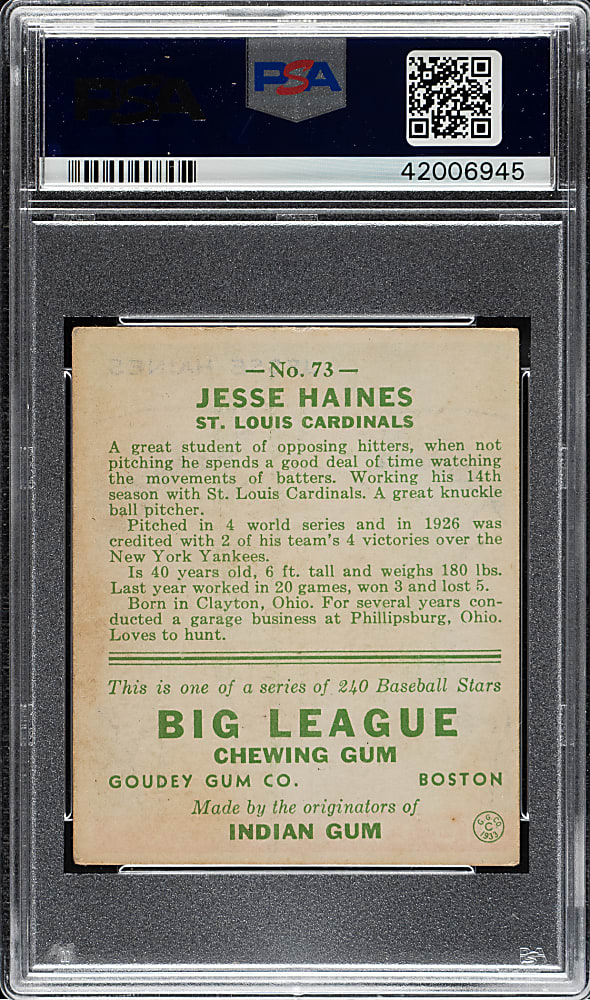 1933 R319 Goudey #73 Jesse Haines PSA VG-EX+ 4.5