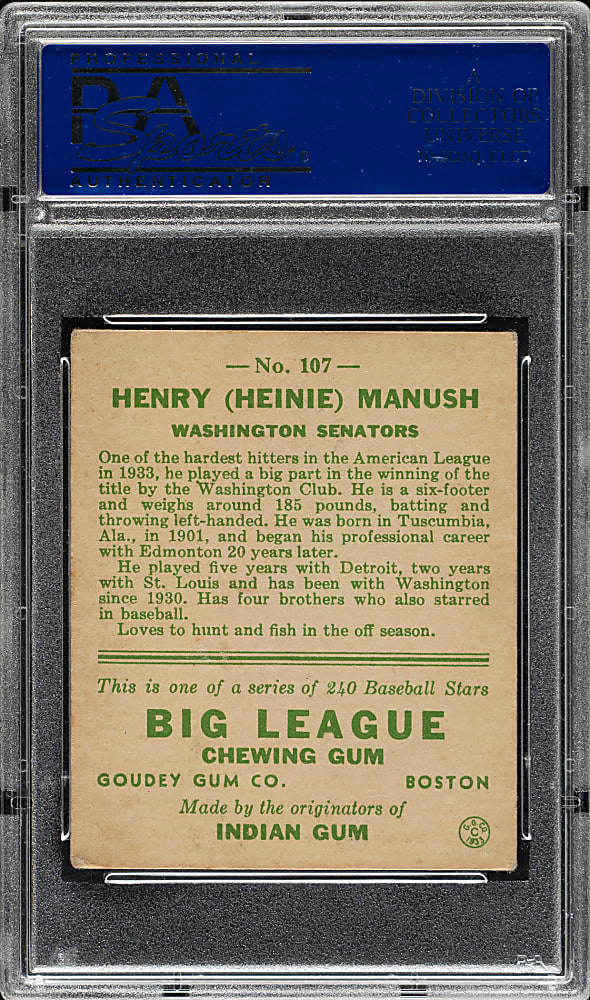 1933 R319 Goudey #107 Heinie Manush PSA VG-EX 4