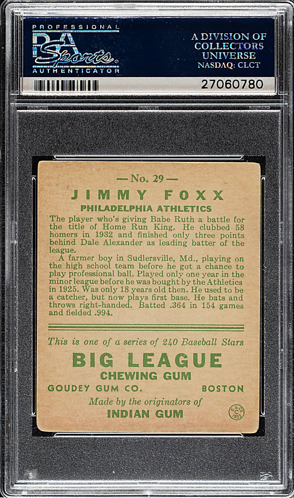 1933 R319 Goudey #29 Jimmie Foxx PSA VG 3
