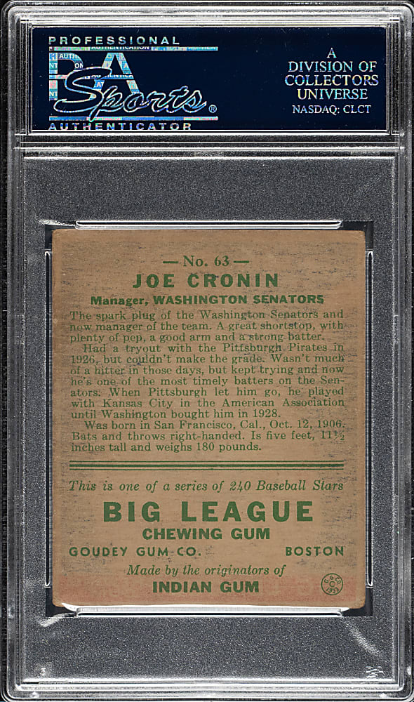 1933 R319 Goudey #63 Joe Cronin PSA VG-EX 4