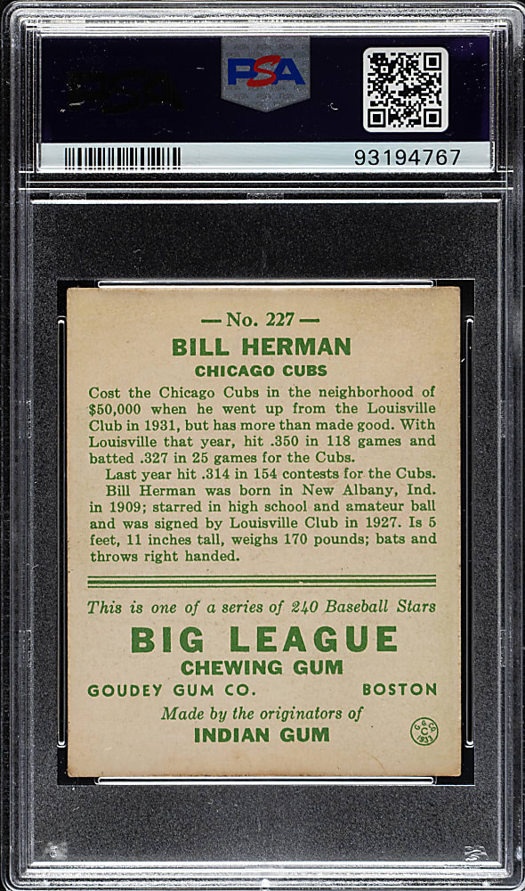 1933 R319 Goudey #227 Bill Herman PSA VG-EX+ 4.5