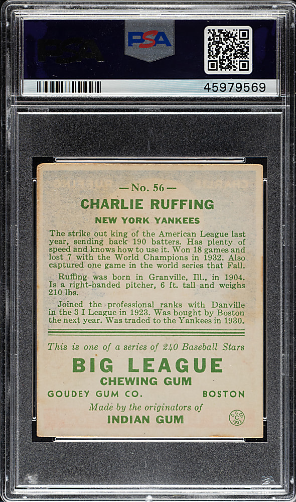 1933 R319 Goudey #56 Red Ruffing PSA VG-EX 4